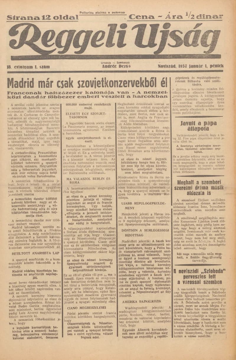 Reggeli Újság, 18. évf. 1937. január 1. 1. sz.
