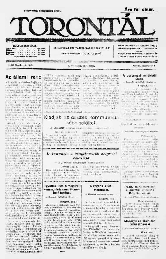 Torontál, 50. évf. 1921. augusztus 3. 167. sz.