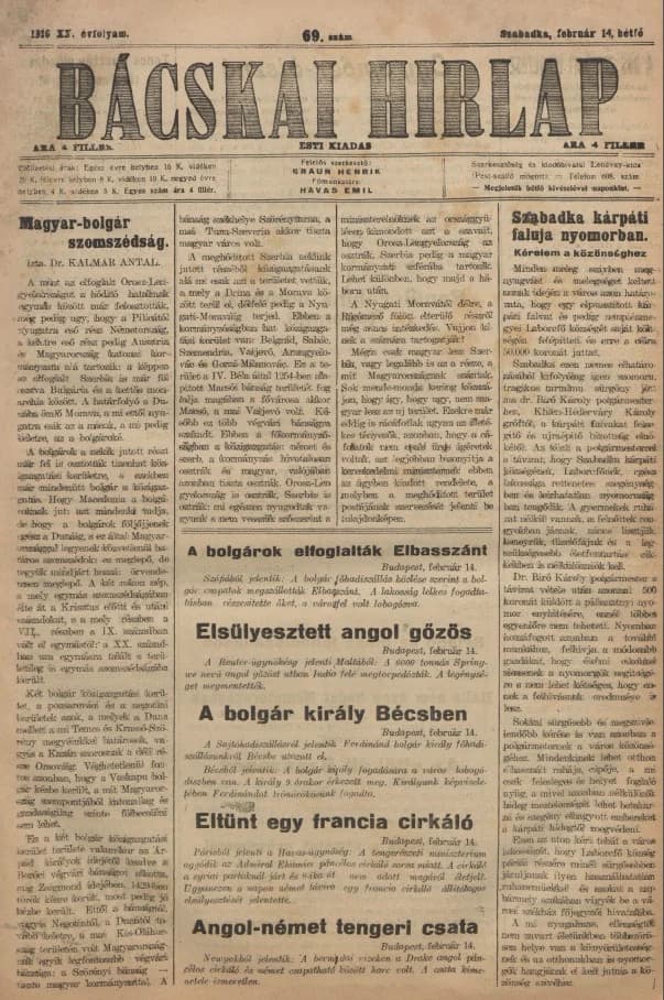 Bácskai Hirlap, 20. évf. 1916. február 14. 69. sz.