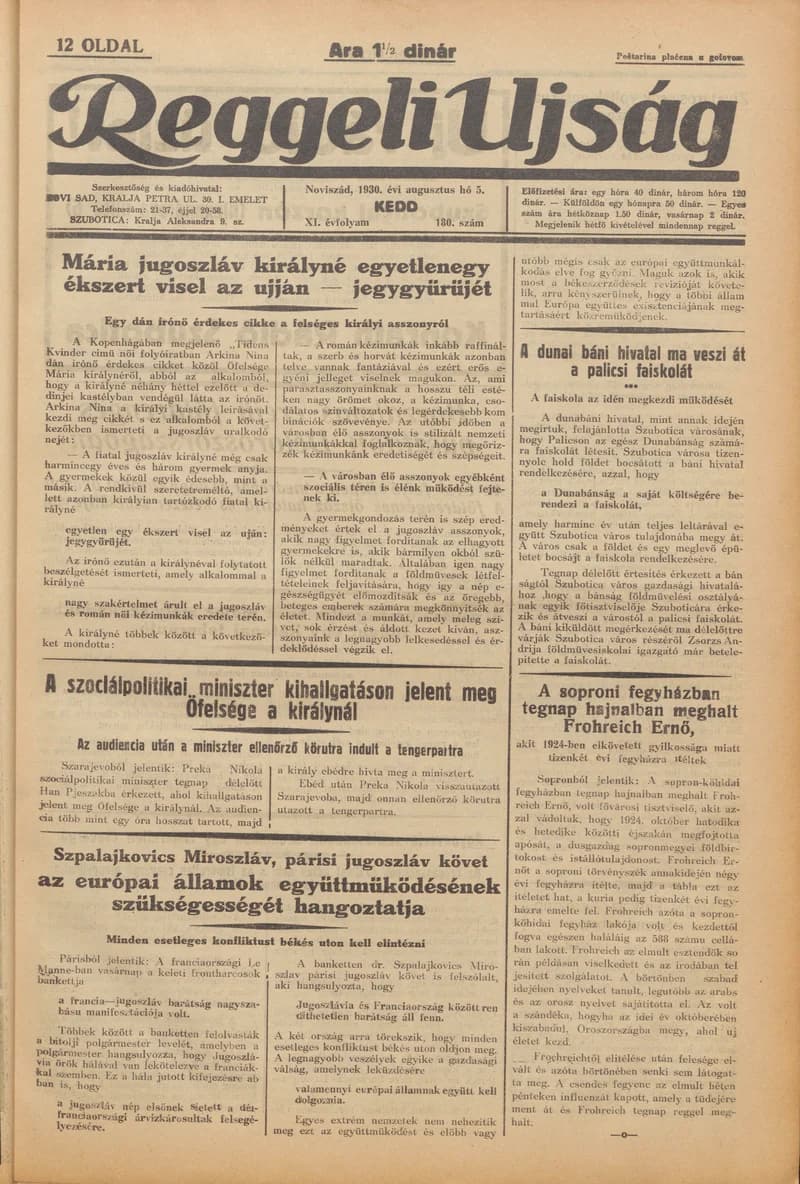 Reggeli Újság, 11. évf. 1930. augusztus 5. 180. sz.
