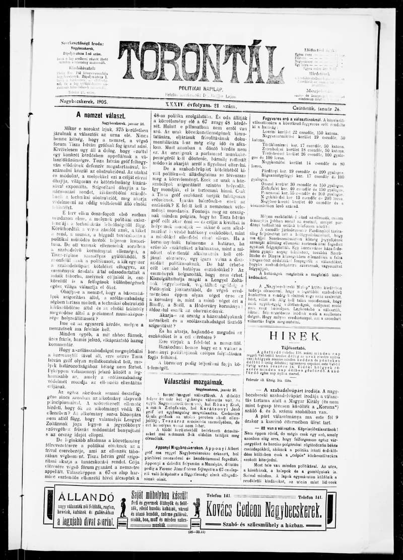 Torontál, 34. évf. 1905. január 26. 21. sz.