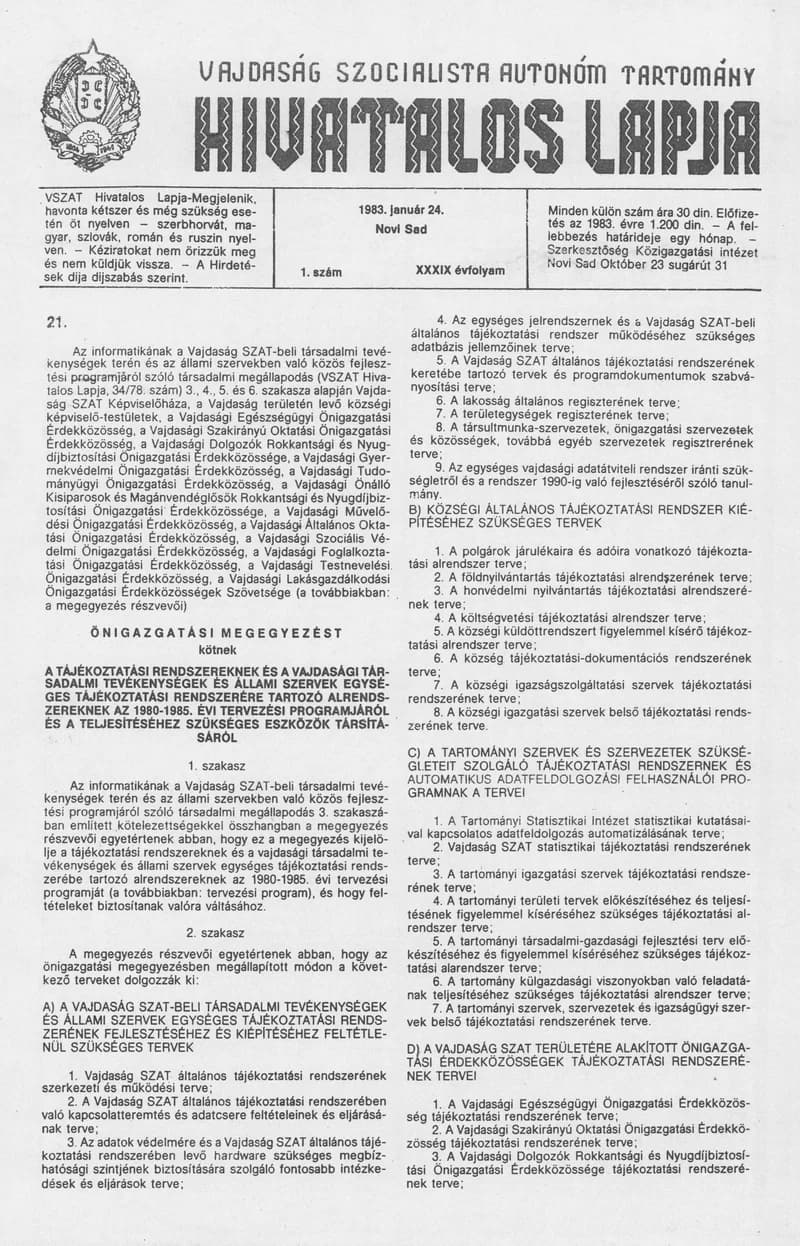 Vajdaság Szocialista Autonóm Tartomány Hivatalos Lapja, 39. évf. 1983. január 24. 1. sz.