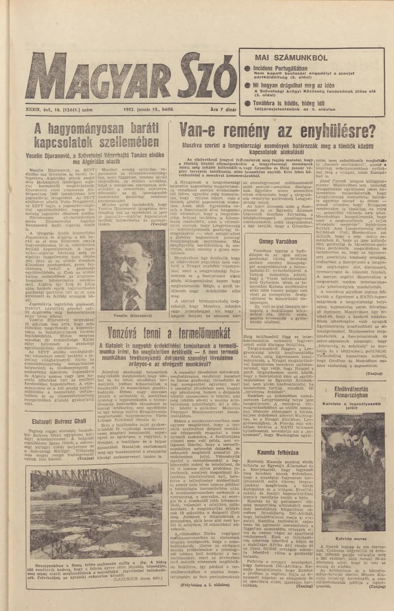 Magyar Szó, 39. évf. 1982. január 18. 16. sz. 1–8. oldal