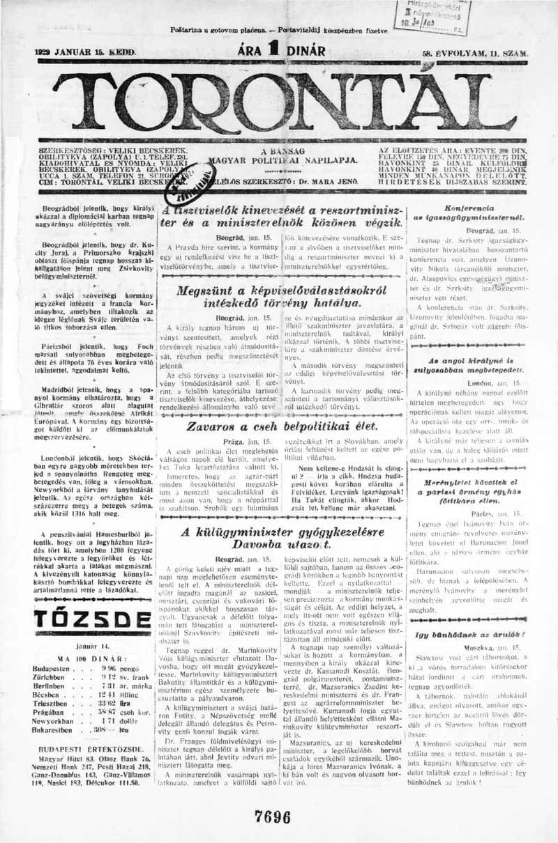 Torontál, 58. évf. 1929. január 15. 11. sz.