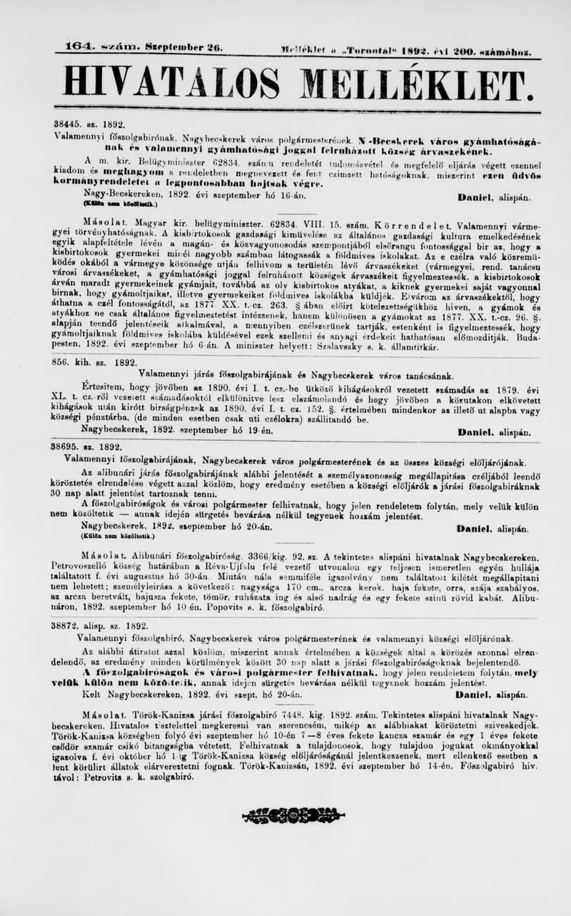 A Totontál  hivatalos melléklete, 5. évf. 1892. szeptember 26. 164. sz.