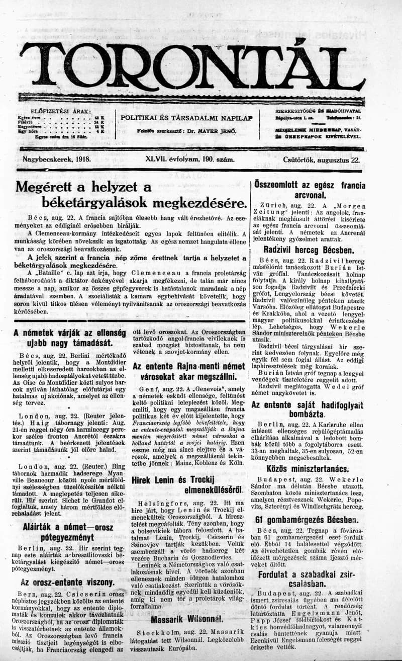 Torontál, 47. évf. 1918. augusztus 22. 190. sz.