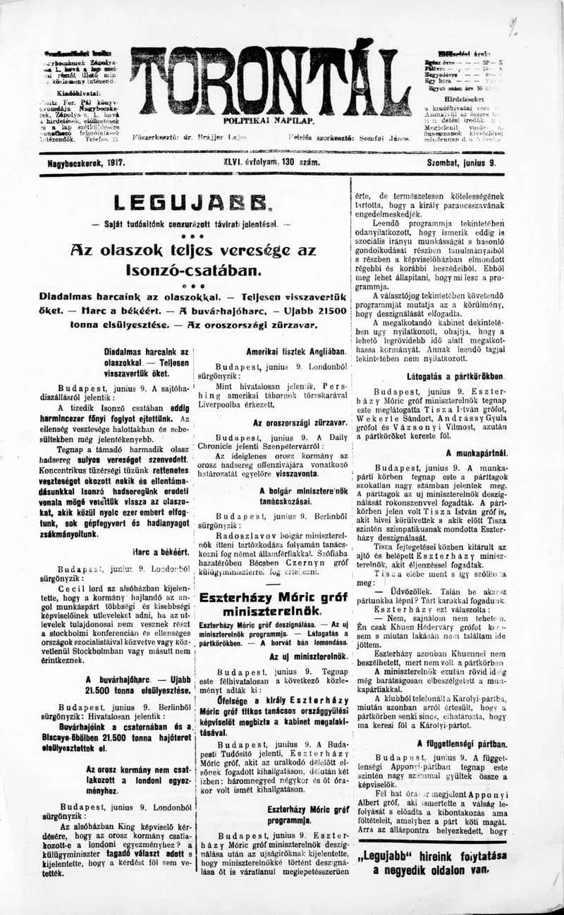 Torontál, 46. évf. 1917. június 9. 130. sz.