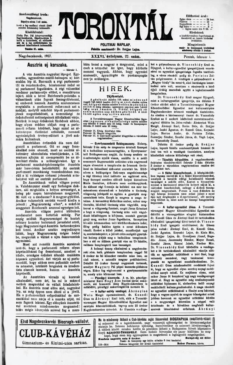 Torontál, 36. évf. 1907. február 1. 27. sz.
