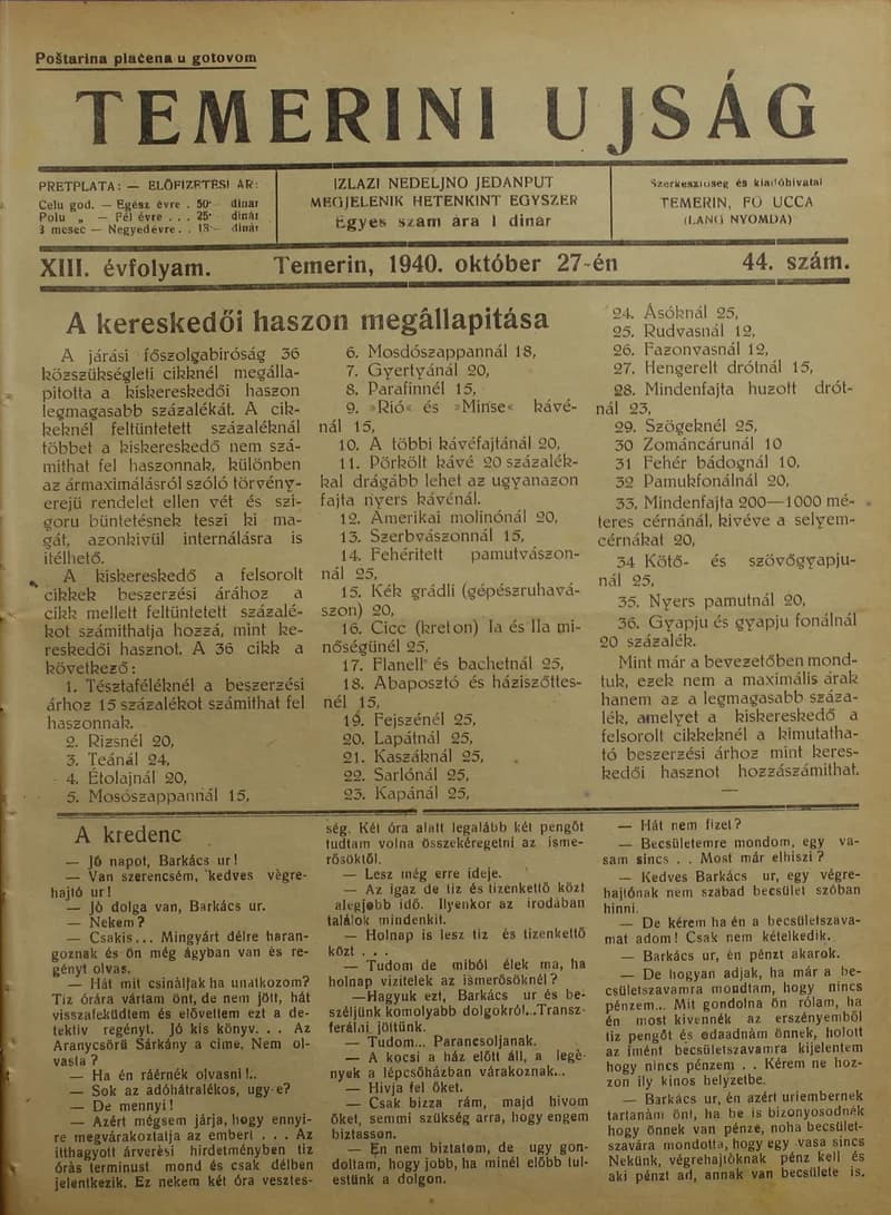 Temerini Újság 1928-1944, 13. évf. 1940. október 27. 44. sz.