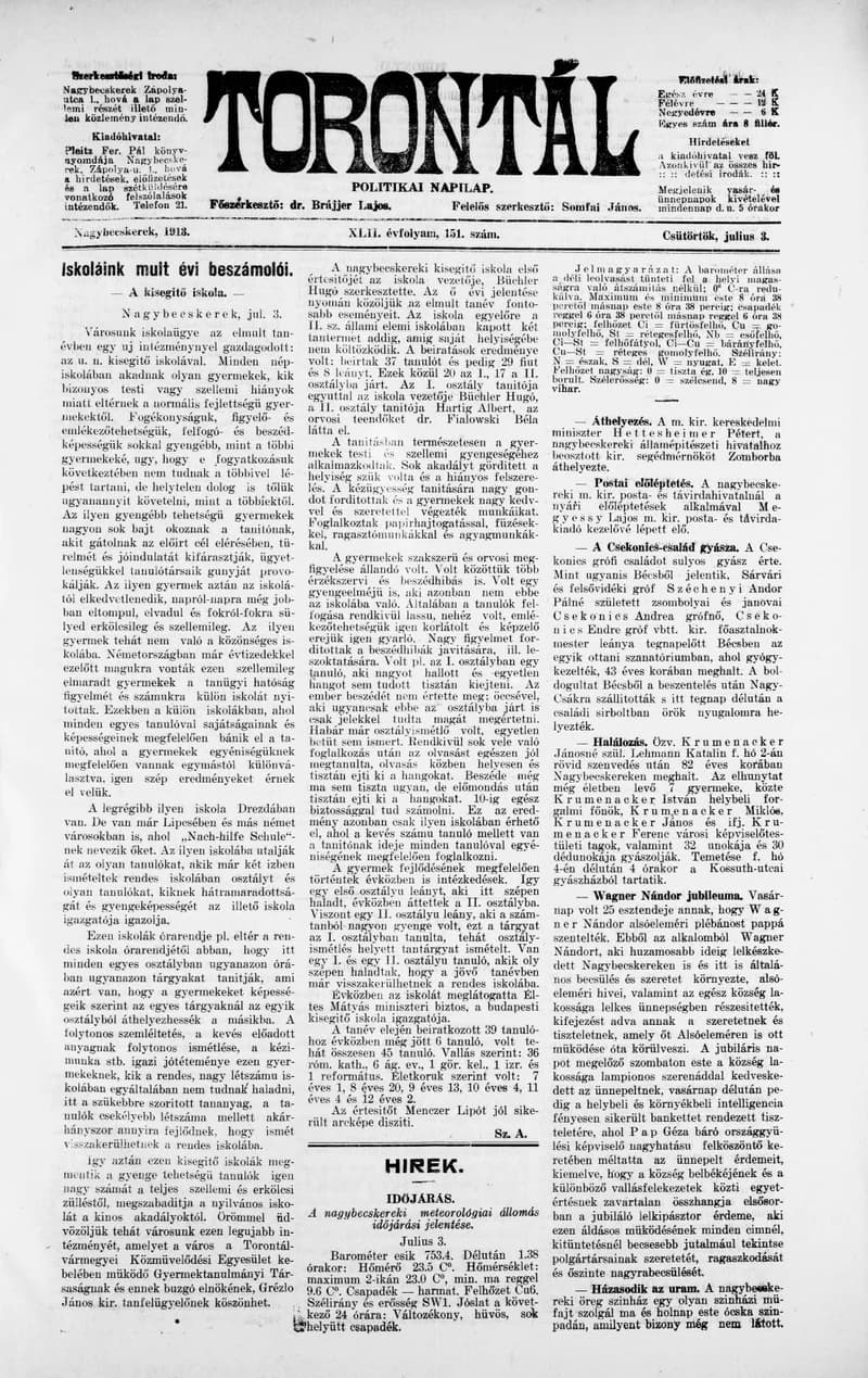 Torontál, 42. évf. 1913. július 3. 151. sz.