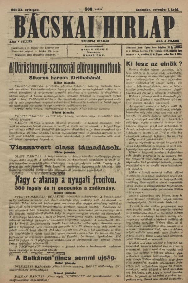 Bácskai Hirlap, 20. évf. 1916. november 7. 509. sz.