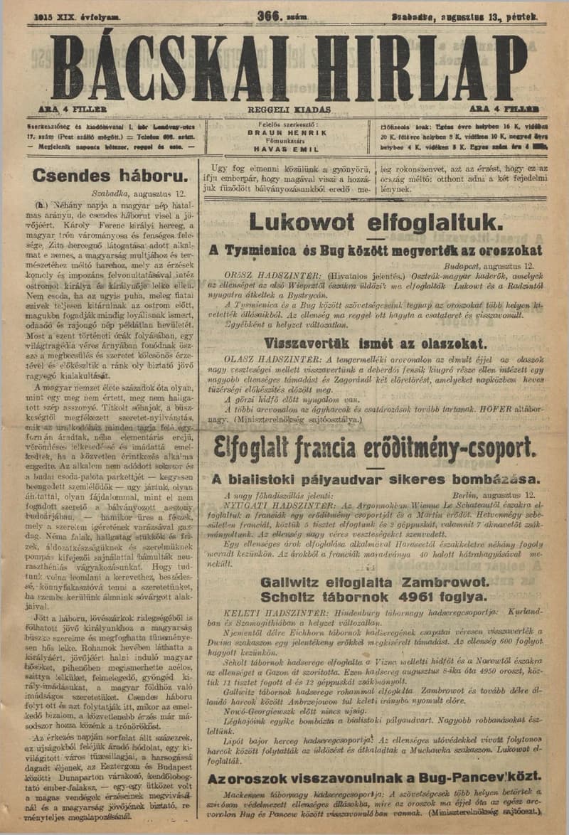 Bácskai Hirlap, 19. évf. 1915. augusztus 13. 366. sz.