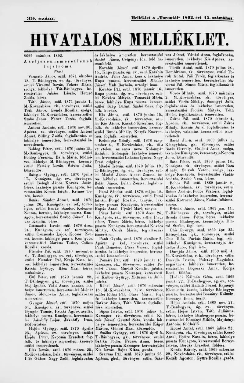 A Totontál  hivatalos melléklete, 5. évf. 1892. március 18. 39. sz.