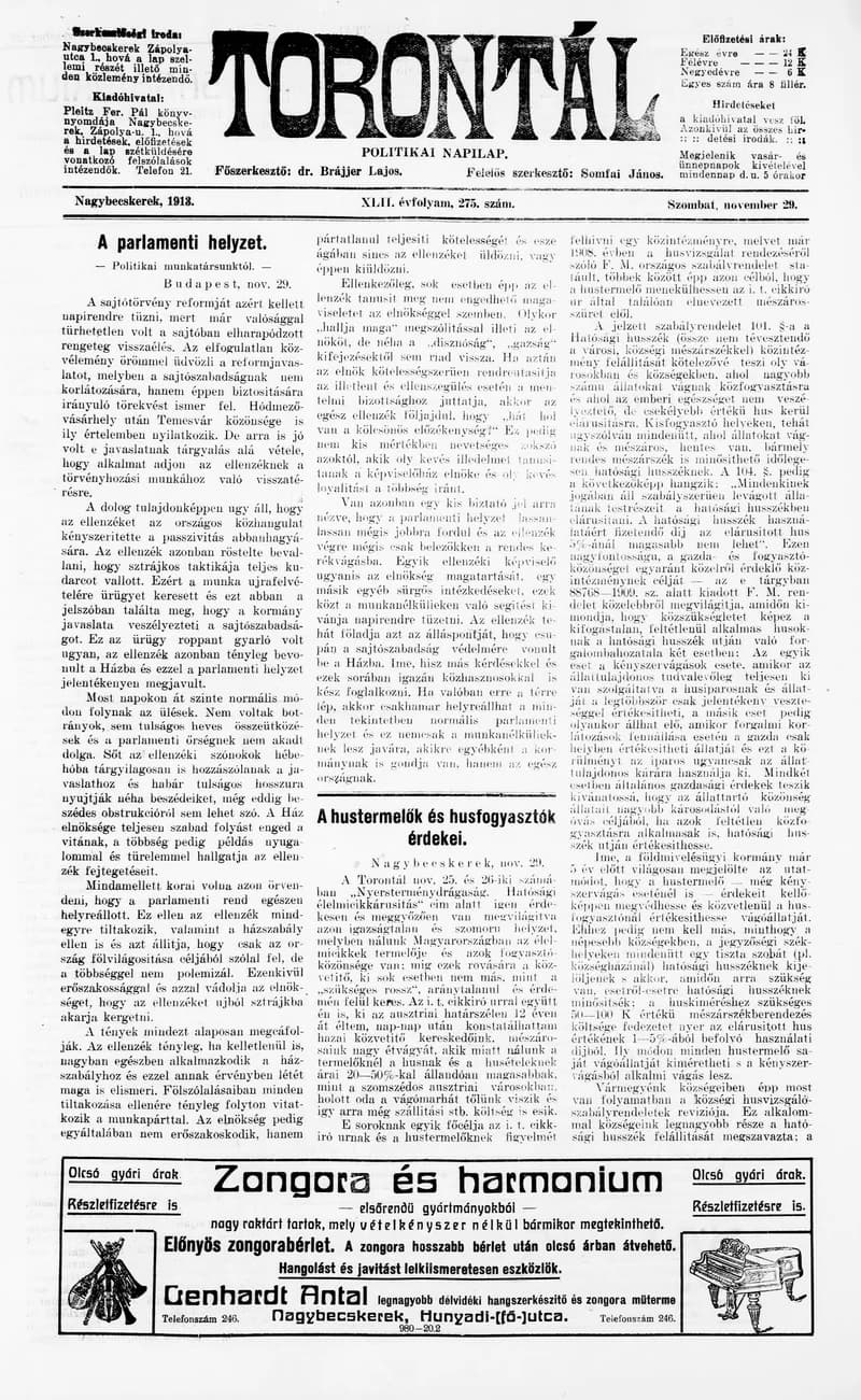 Torontál, 42. évf. 1913. november 29. 275. sz.