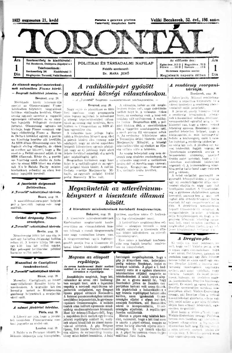Torontál, 52. évf. 1923. augusztus 21. 186. sz.