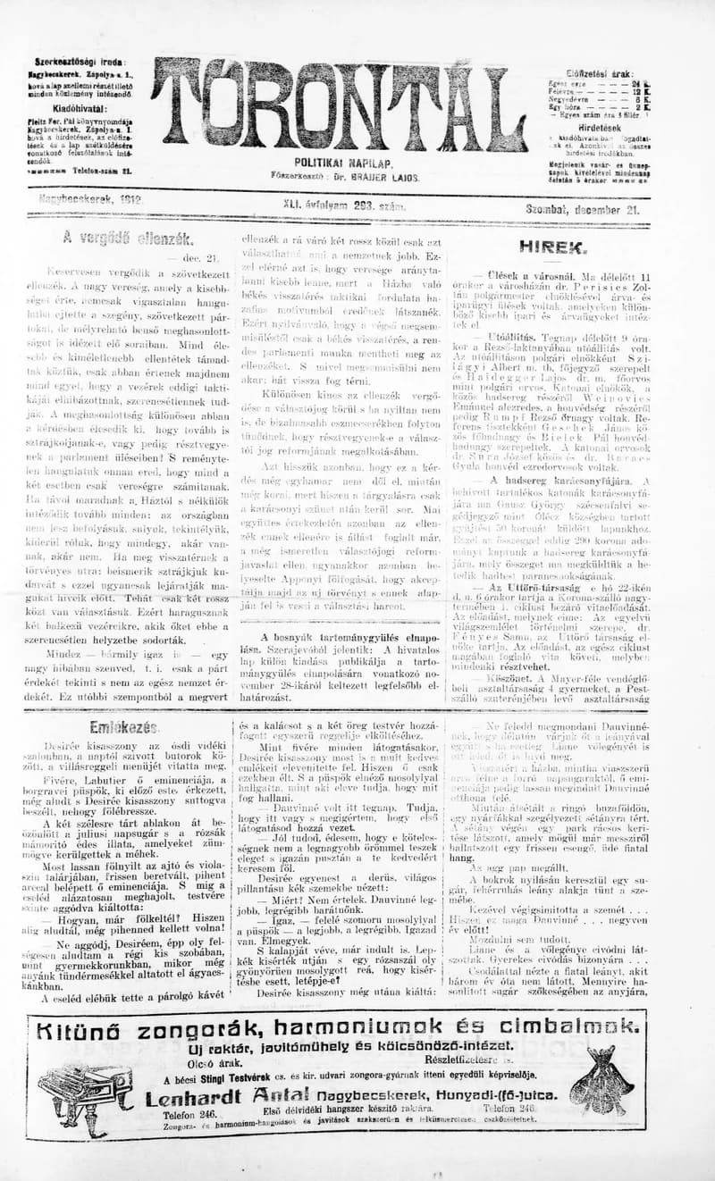 Torontál, 41. évf. 1912. december 21. 293. sz.