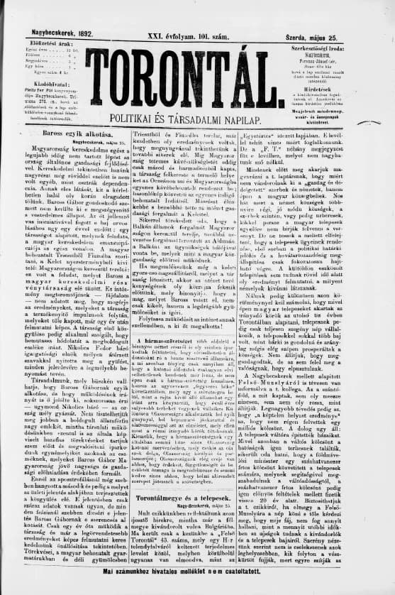 Torontál, 21. évf. 1892. május 25. 101. sz.