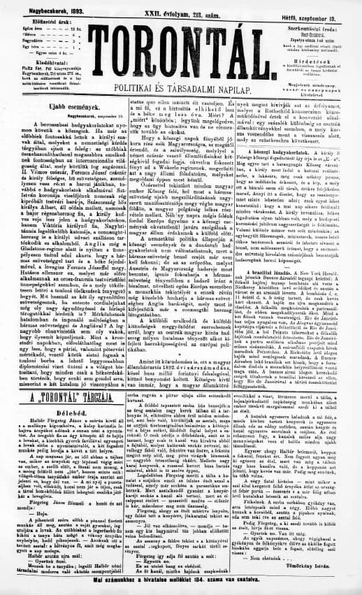 Torontál, 22. évf. 1893. szeptember 18. 213. sz.