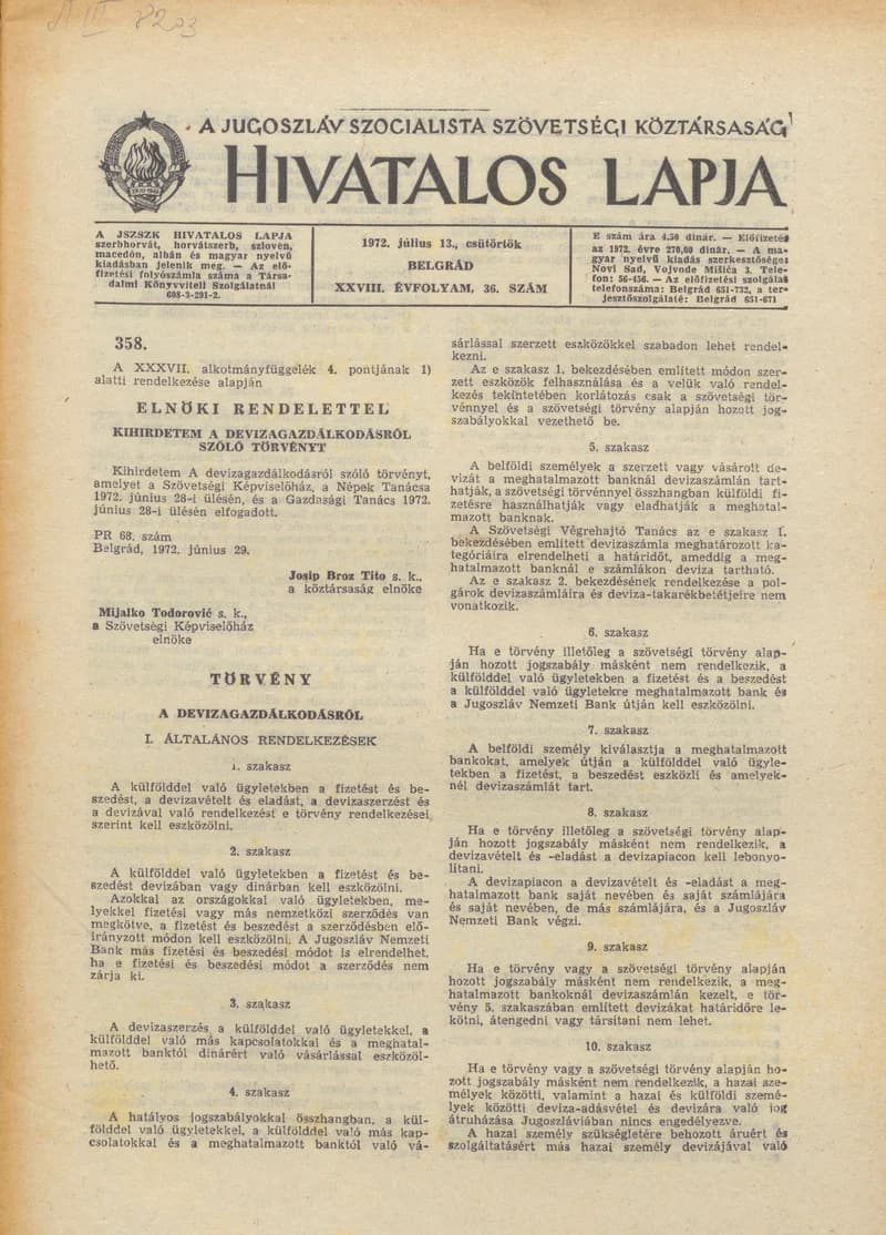 A Jugoszláv Szocialista Szövetségi Köztársaság Hivatalos Lapja, 28. évf. 1972. július 13. 36. sz. 741–768. oldal