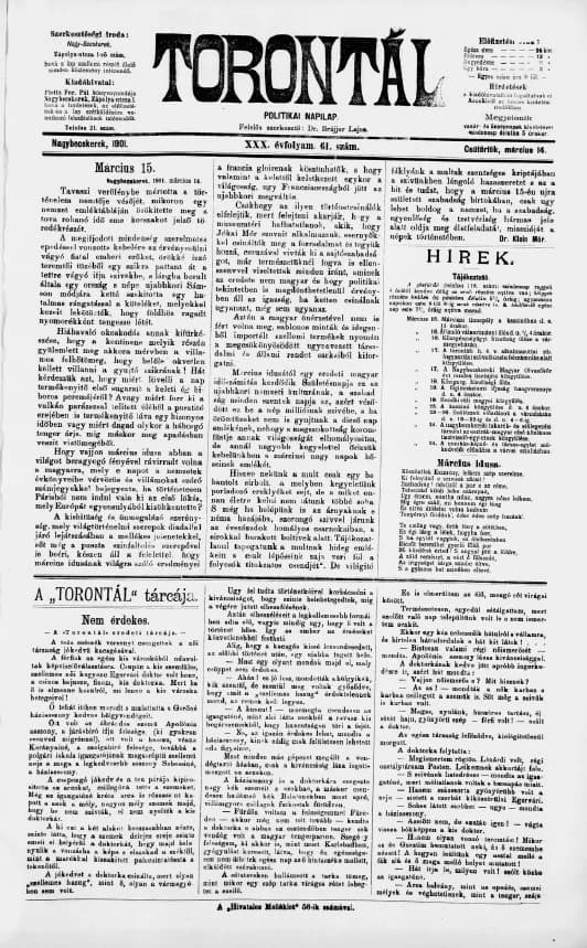 Torontál, 30. évf. 1901. március 14. 61. sz.