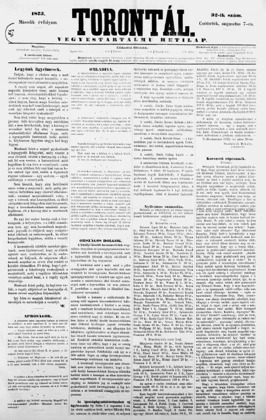 Torontál, 2. évf. 1873. augusztus 7. 32. sz.