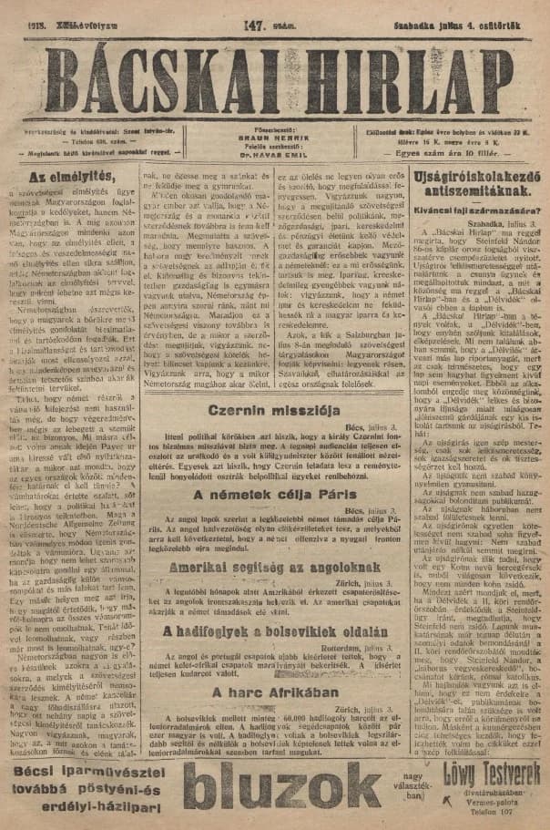 Bácskai Hirlap, 22. évf. 1918. július 4. 147. sz.