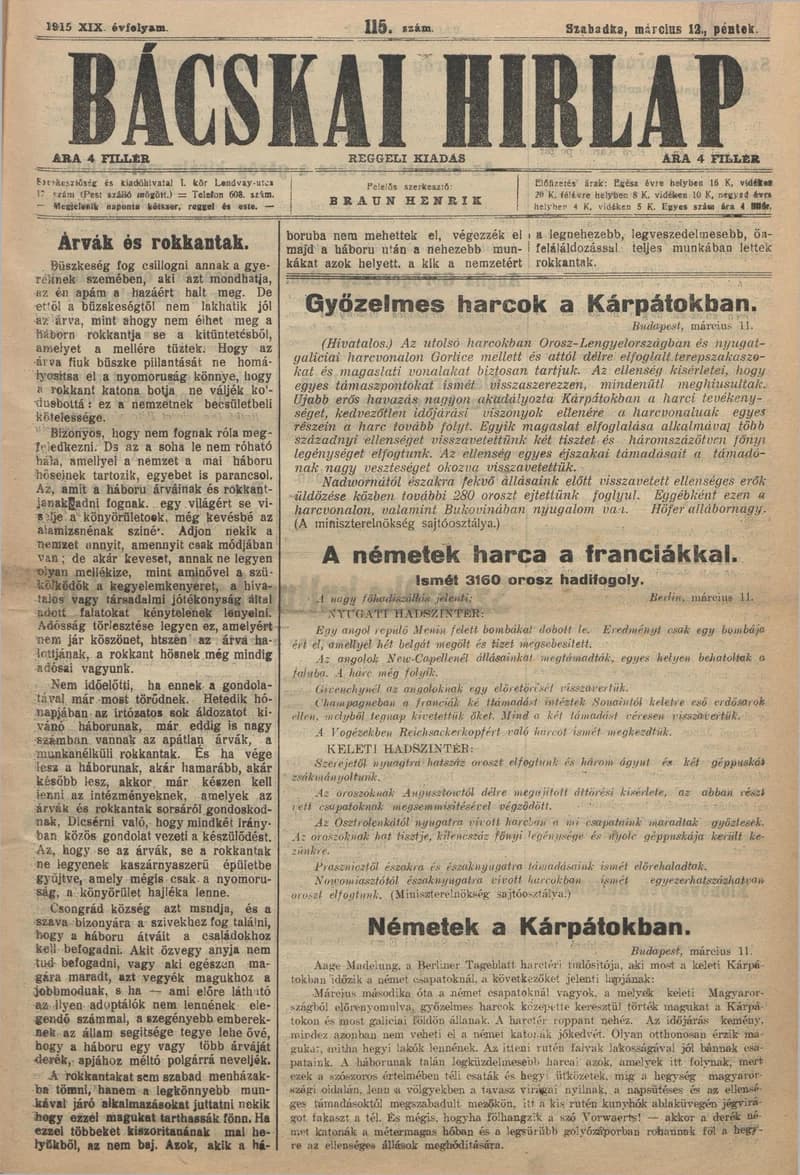 Bácskai Hirlap, 19. évf. 1915. március 12. 115. sz.