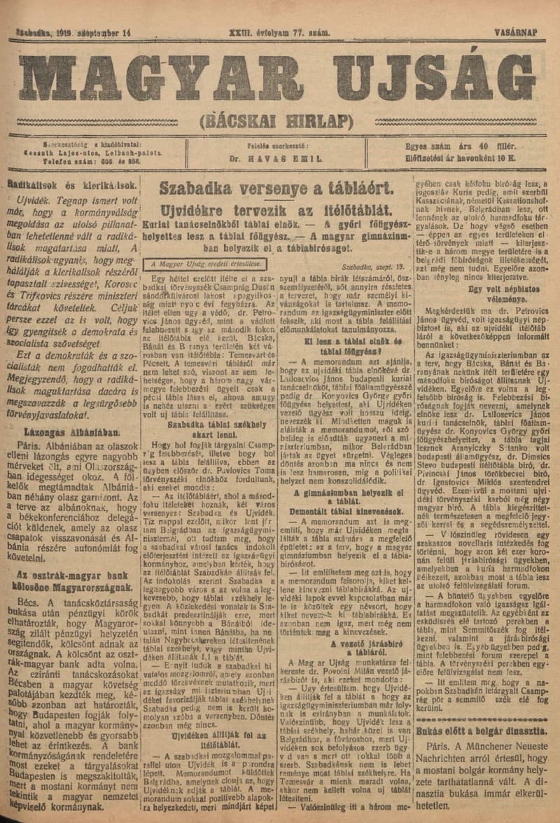 Bácskai Hirlap, 23. évf. 1919. szeptember 14. 77. sz.