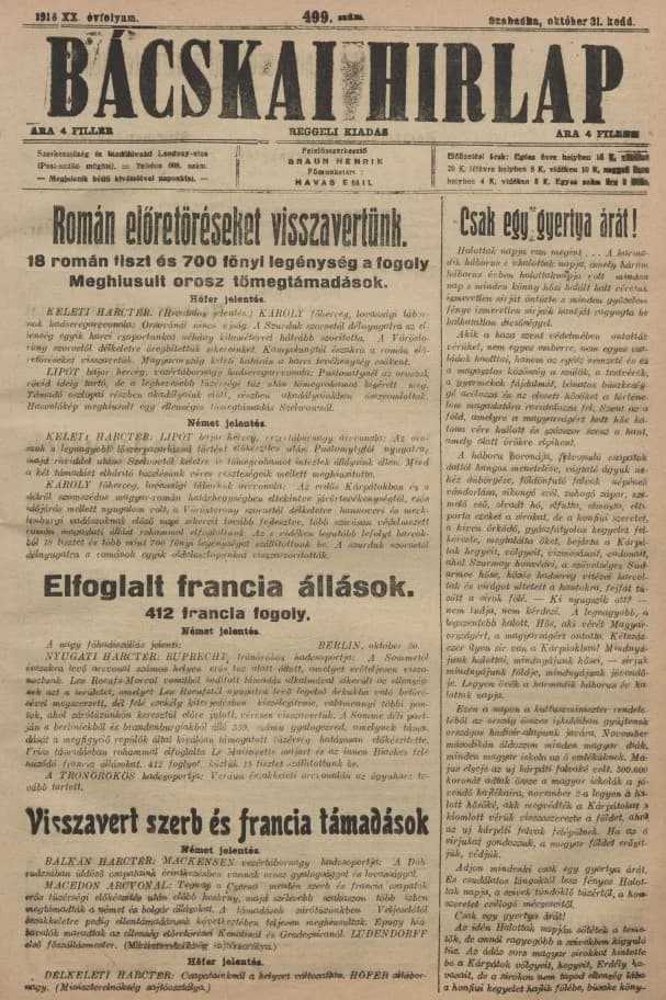 Bácskai Hirlap, 20. évf. 1916. október 31. 499. sz.