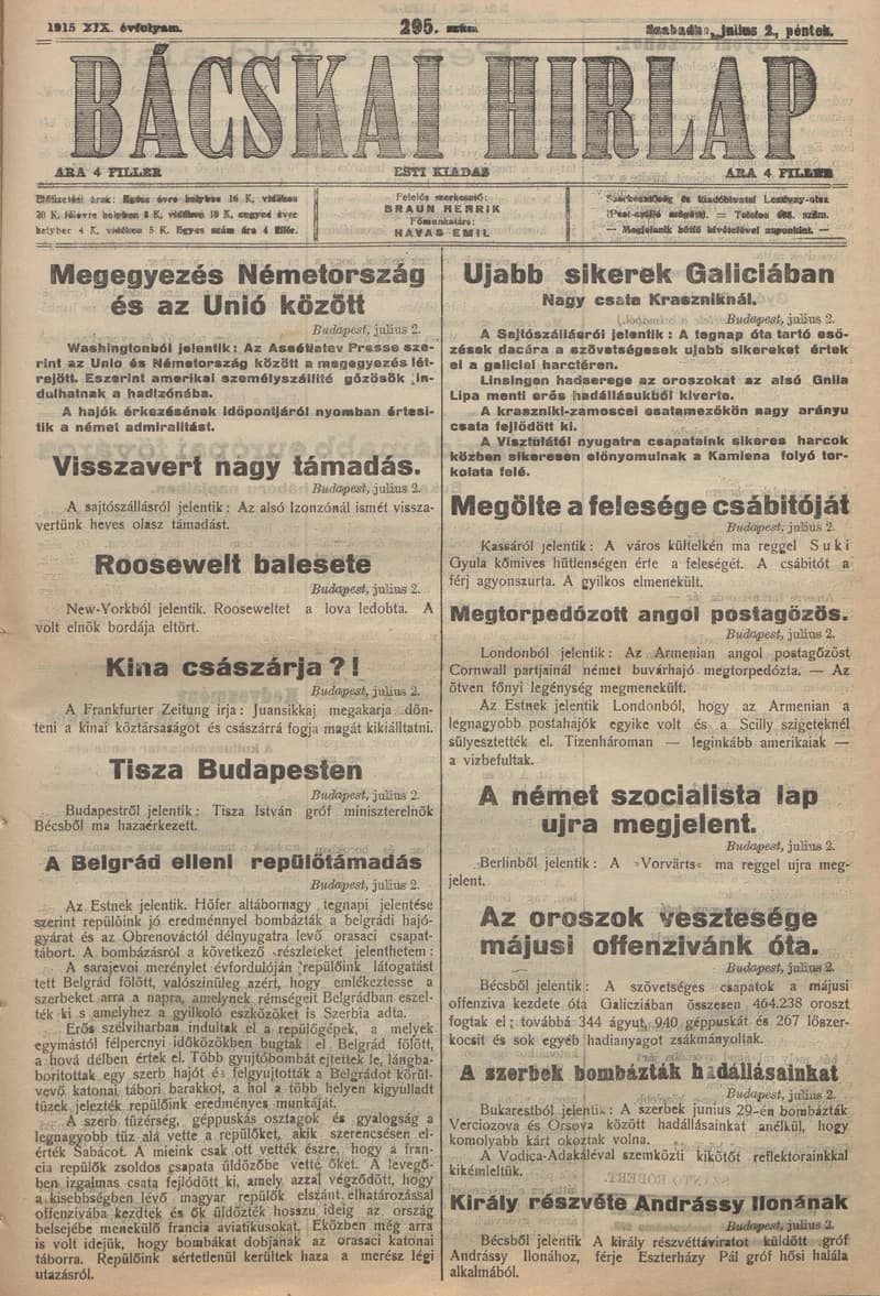 Bácskai Hirlap, 19. évf. 1915. július 2. 295. sz.