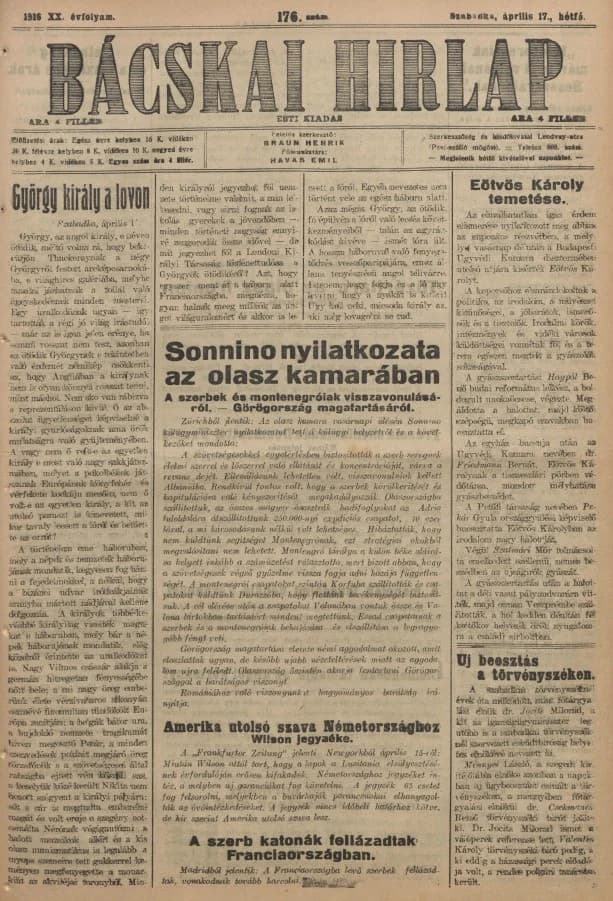 Bácskai Hirlap, 20. évf. 1916. április 17. 176. sz.