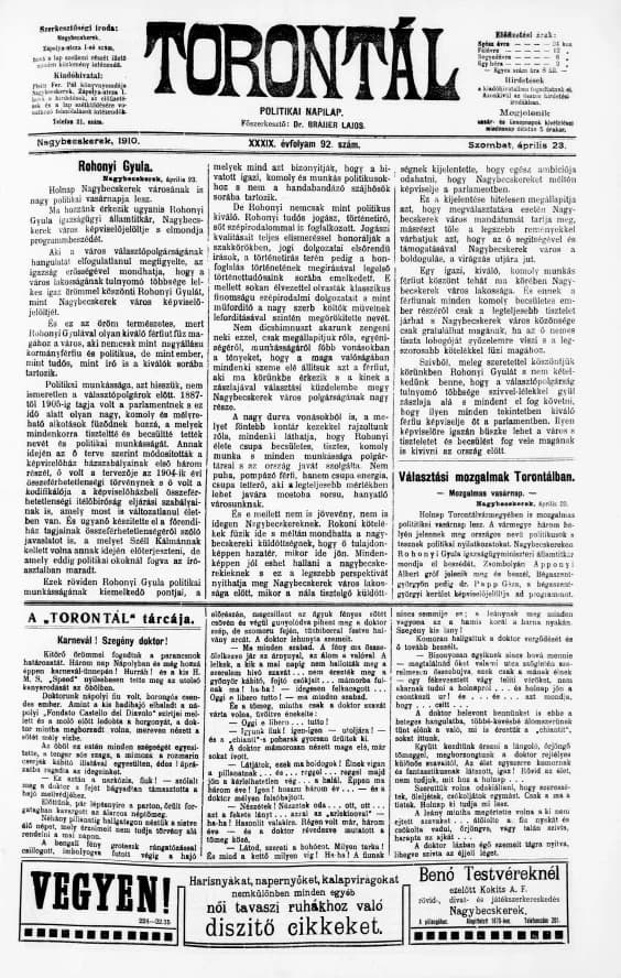 Torontál, 39. évf. 1910. április 23. 92. sz.