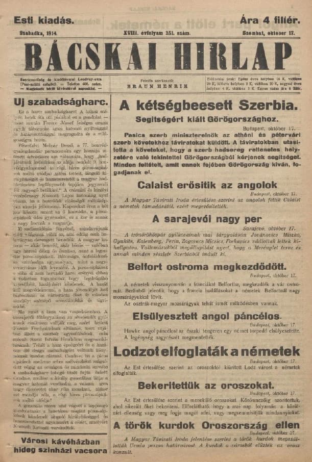 Bácskai Hirlap, 18. évf. 1914. október 17. 251. sz.