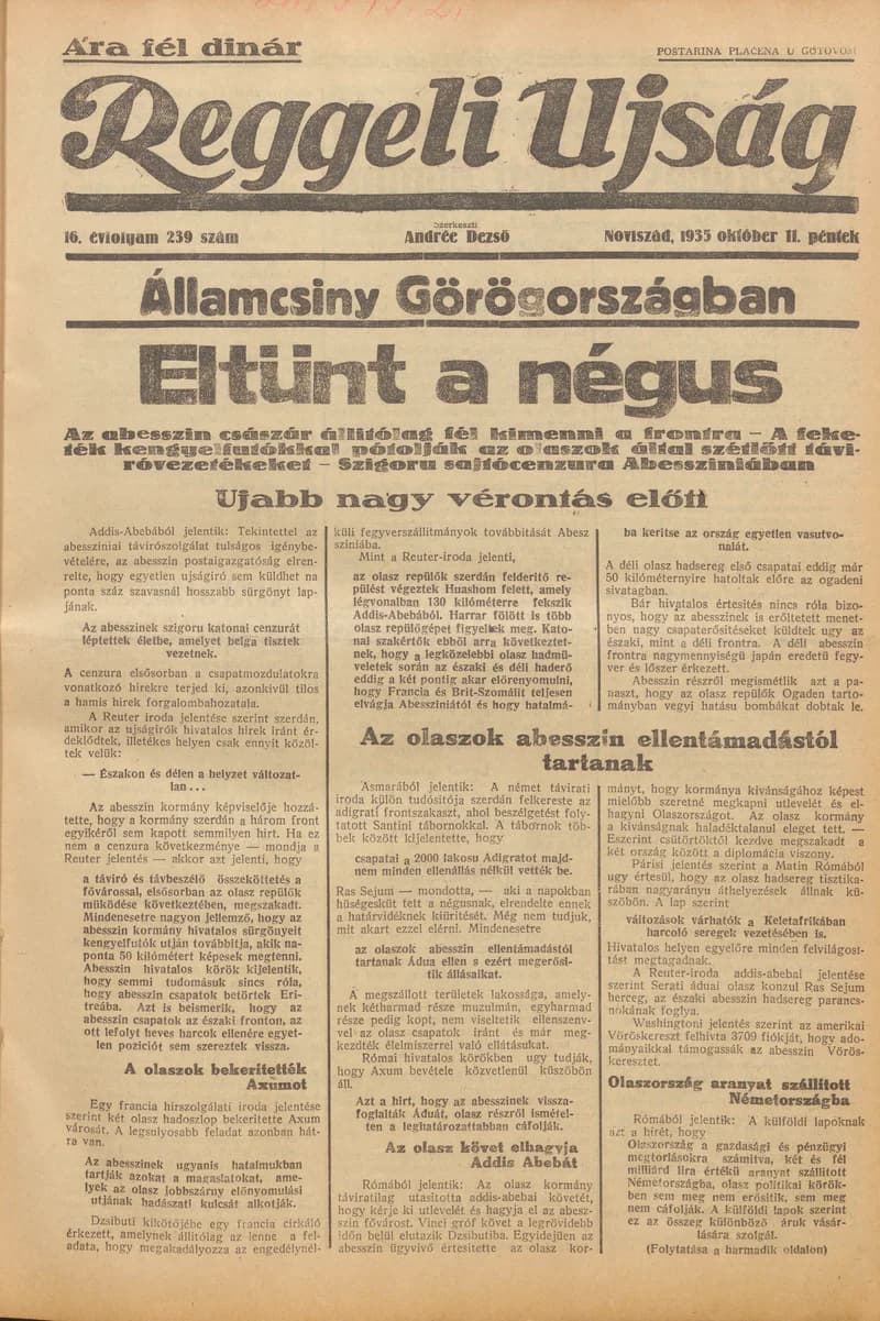 Reggeli Újság, 16. évf. 1935. október 11. 239. sz.