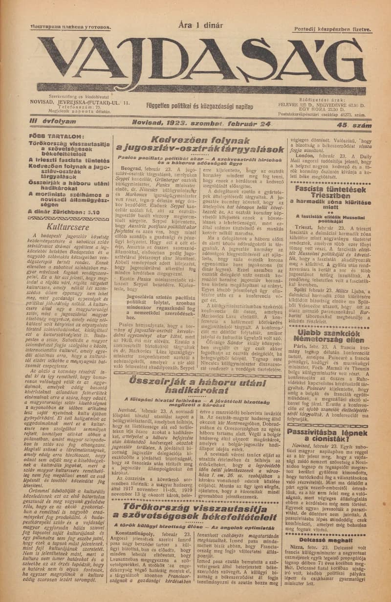 Vajdaság, 3. évf. 1923. február 24. 45. sz.