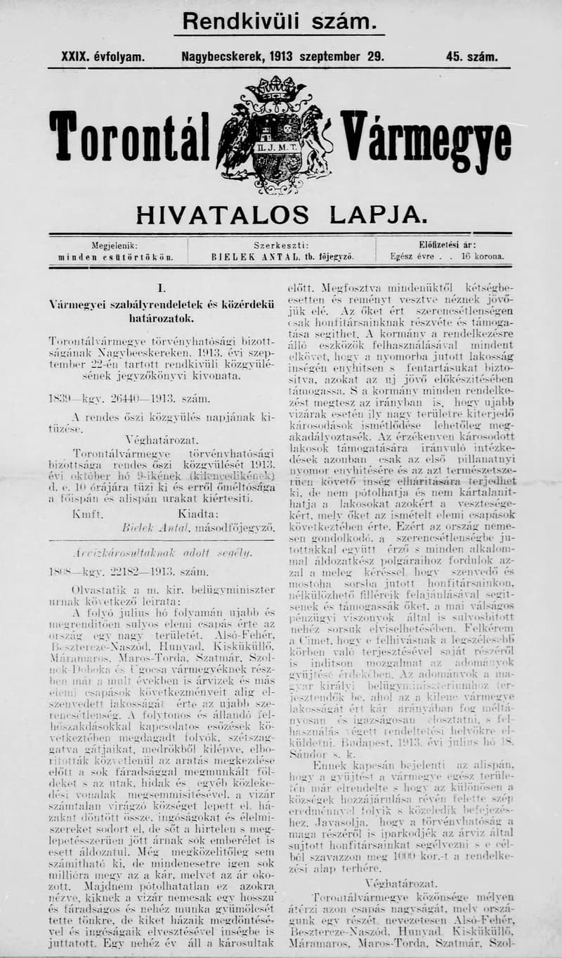 Torontál Vármegye Hivatalos Lapja, 29. évf. 1913. szeptember 29. 45. sz.