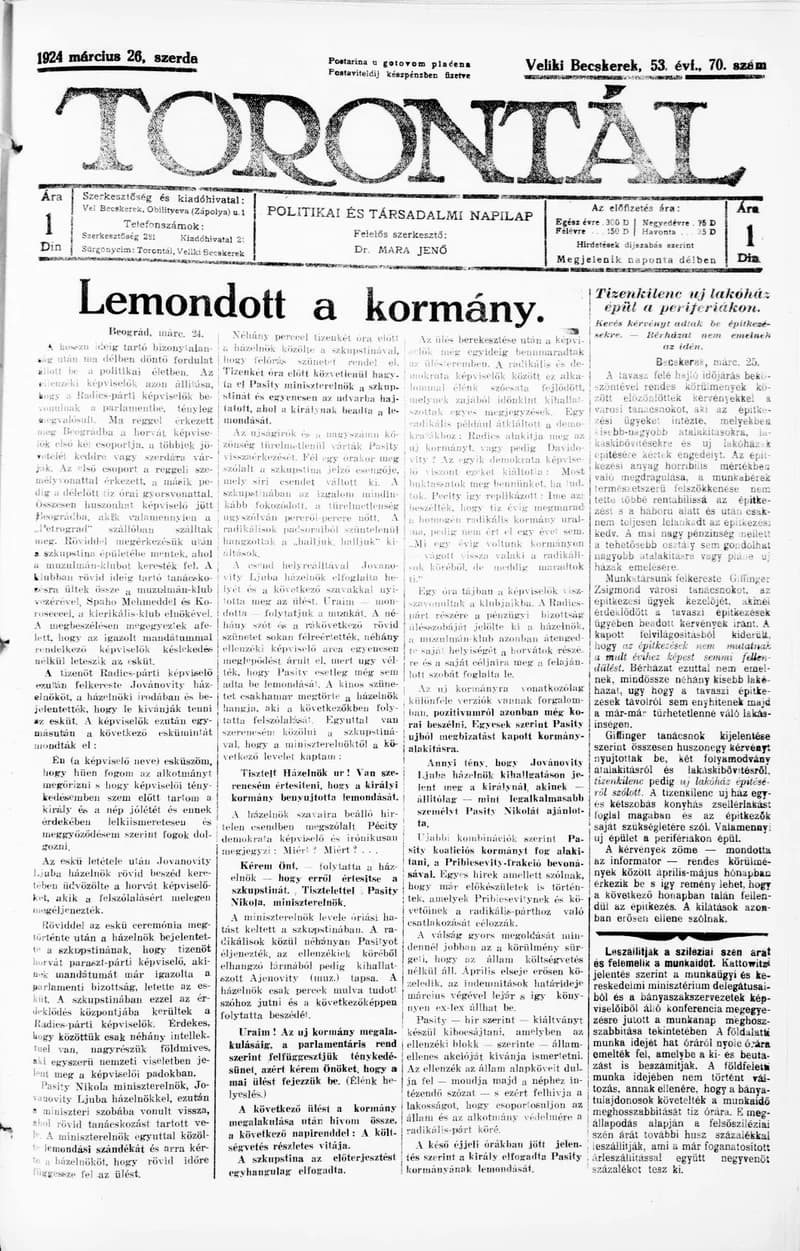 Torontál, 53. évf. 1924. március 26. 70. sz.