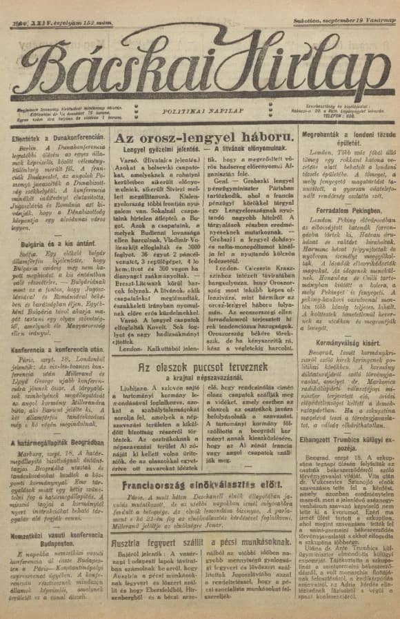 Bácskai Hirlap, 24. évf. 1920. szeptember 19. 152. sz.