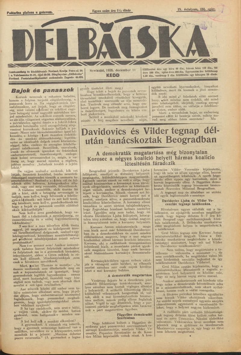 Délbácska, 9. évf. 1928. december 11. 288. sz.