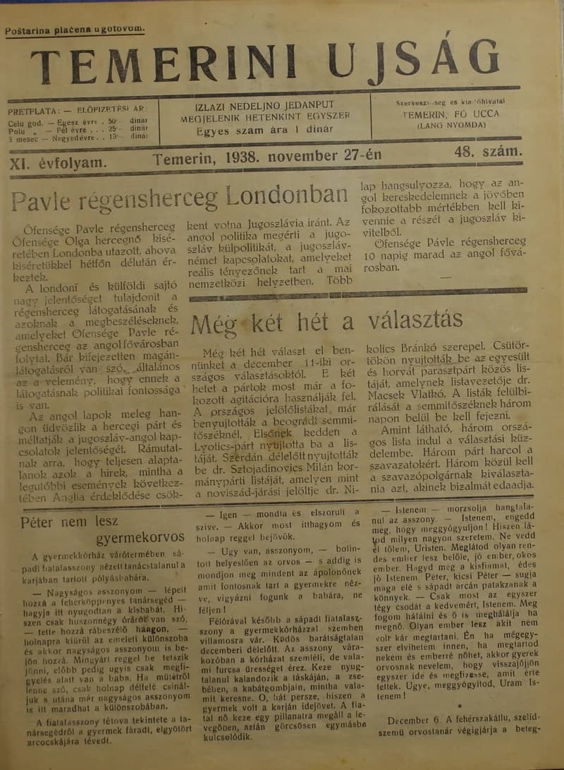 Temerini Újság 1928-1944, 11. évf. 1938. november 27. 48. sz.