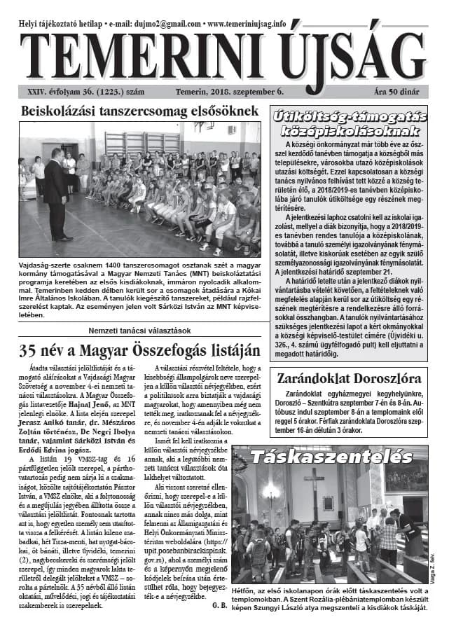 Temerini Újság, 24. évf. 2018. szeptember 6. 36. sz.