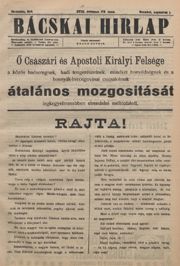 Bácskai Hirlap, 18. évf. 1914. augusztus 1. 173. sz.