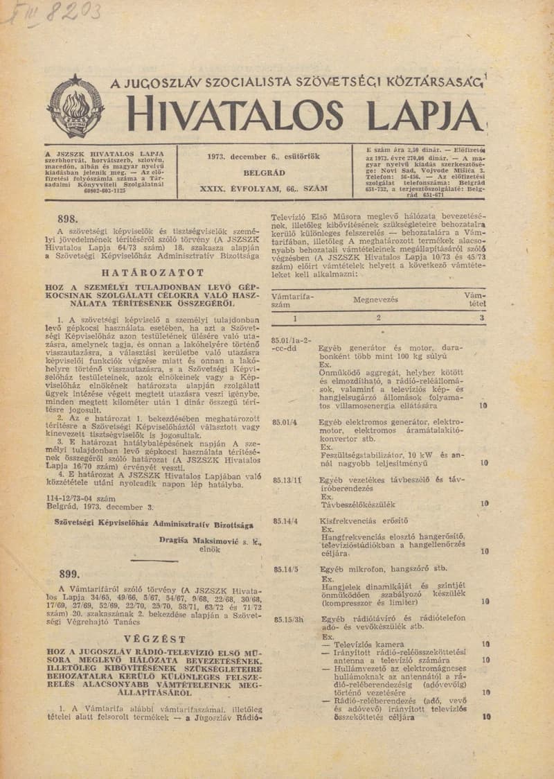 A Jugoszláv Szocialista Szövetségi Köztársaság Hivatalos Lapja, 29. évf. 1973. december 6. 66. sz. 1893–1904. oldal