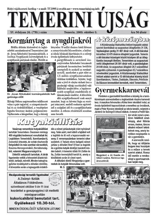Temerini Újság, 15. évf. 2009. október 8. 40. sz.