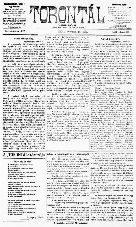 Torontál, 26. évf. 1897. február 23. 43. sz.