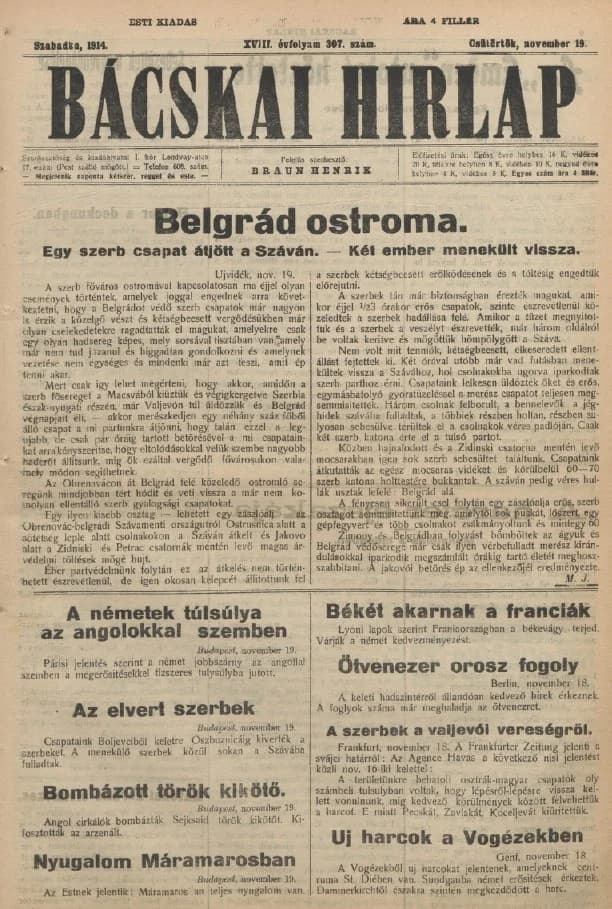 Bácskai Hirlap, 18. évf. 1914. november 19. 307. sz.