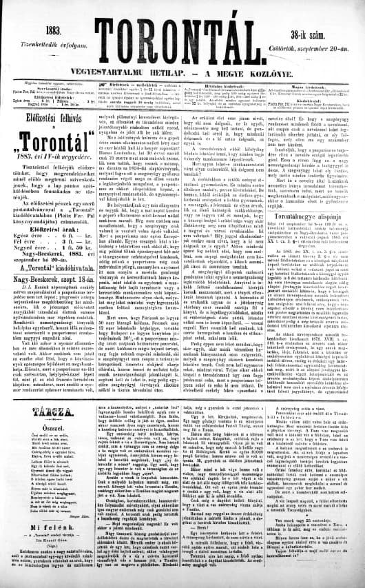 Torontál, 12. évf. 1883. szeptember 20. 38. sz.