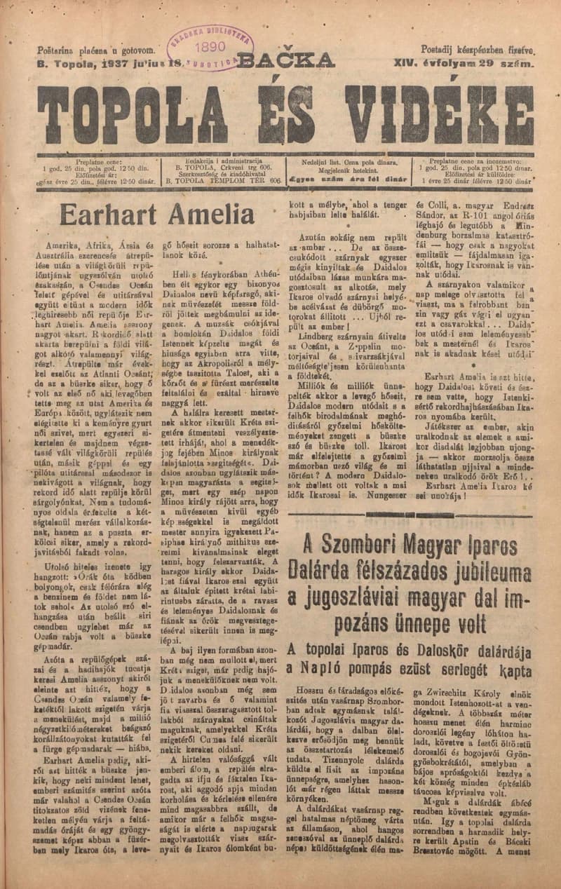 Bačka Topola és Vidéke, 14. évf. 1937. július 18. 29. sz.