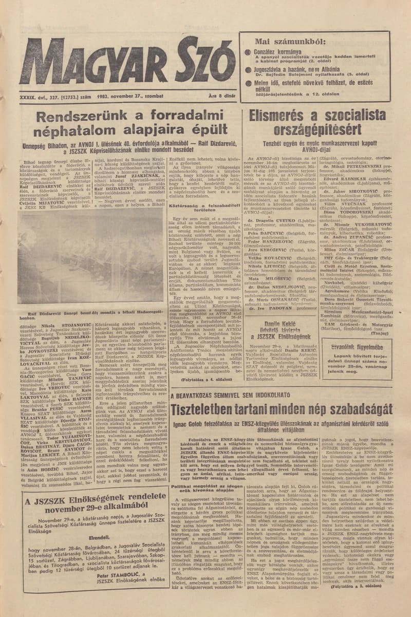 Magyar Szó, 39. évf. 1982. november 27. 327. sz. 1–20. oldal