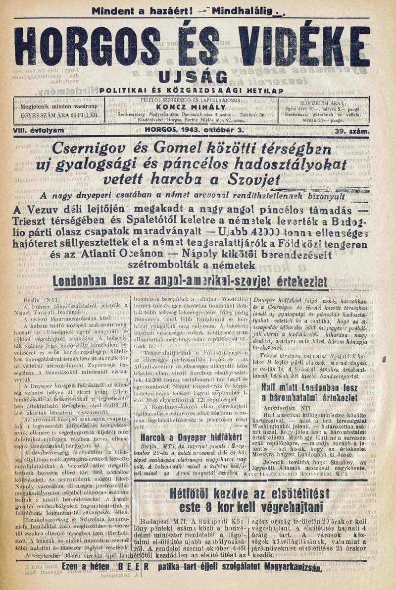Horgos és vidéke, 8. évf. 1943. október 3. 39. sz.